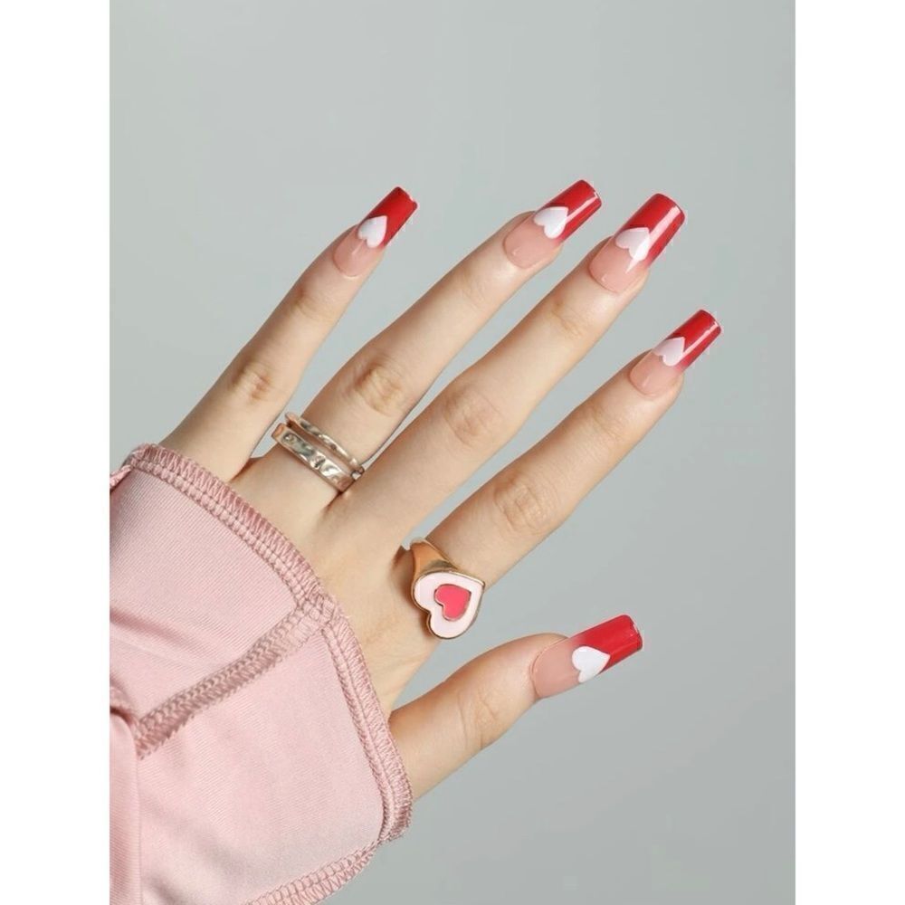 24 pcs French Heart Square Acrylic Press On Nail Set Reusable